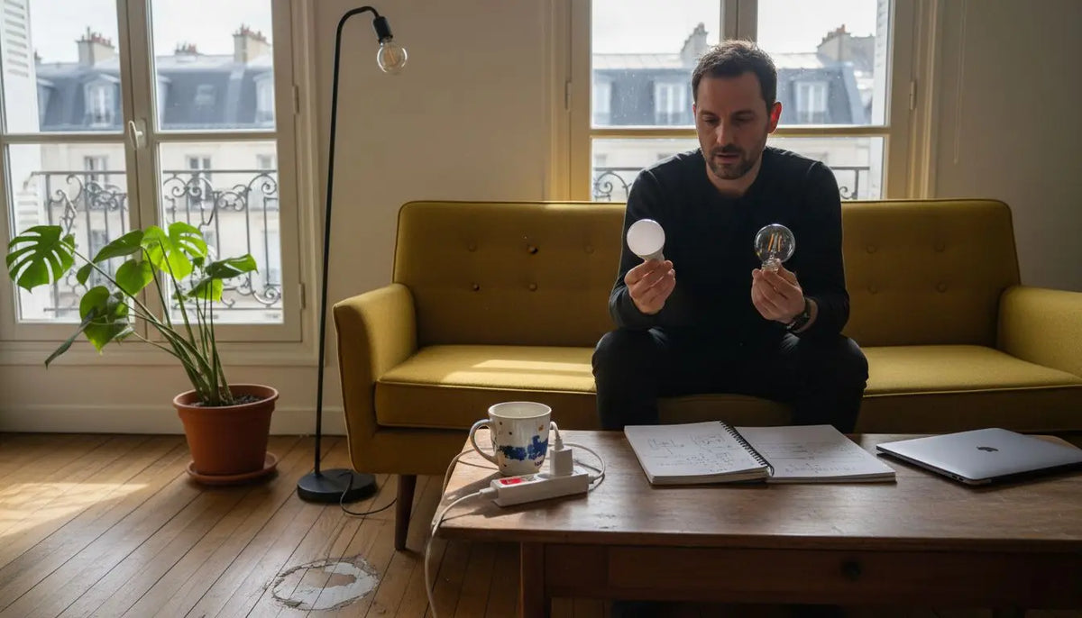 Man comparing light bulbs with watt meter