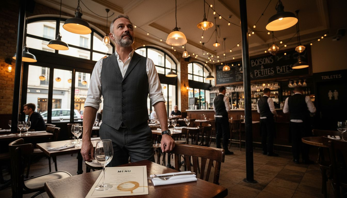 Le responsable du restaurant vérifie l’éclairage au-dessus des tables pour s’assurer que l’ambiance soit parfaite.