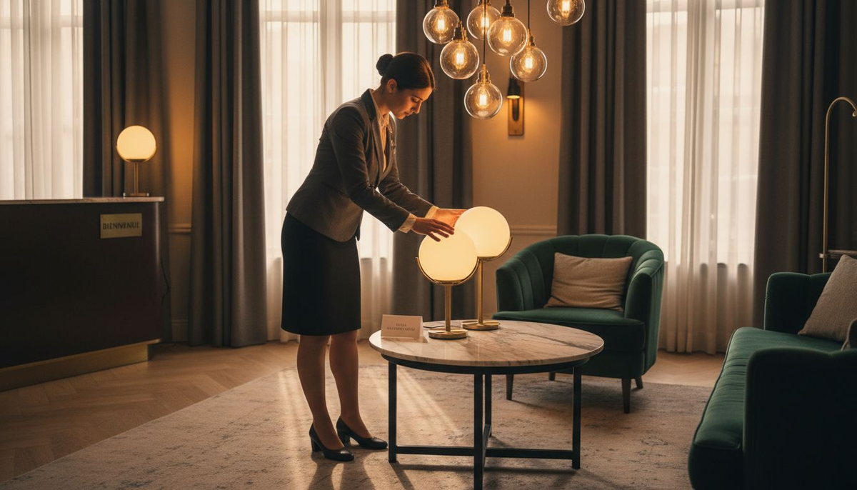 À la réception de l’hôtel, l’employée remet en place avec soin un élégant globe lumineux.