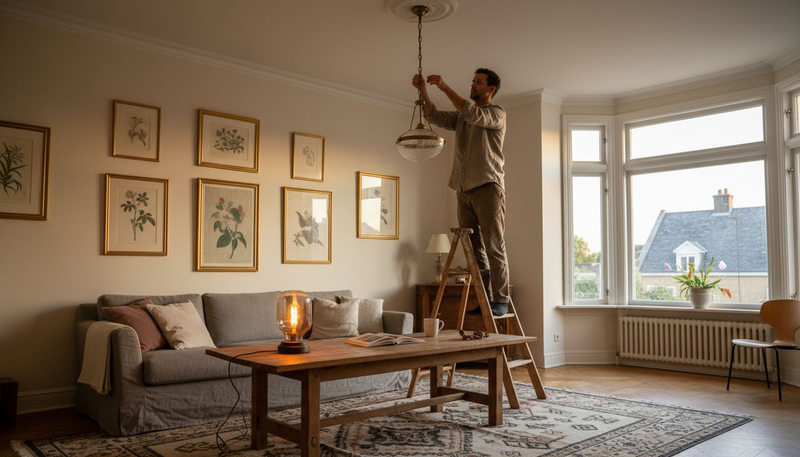 Un designer crée une ambiance rétro dans le salon grâce à un éclairage soigneusement choisi.