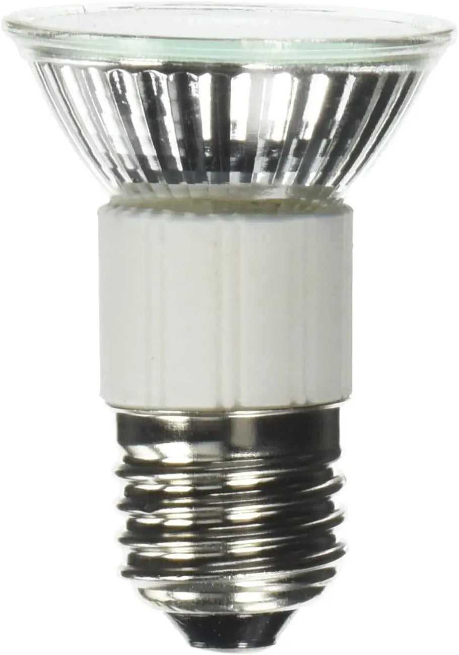 Spot halogène JDR 75W à réflecteur facetté et verre frontal, col céramique blanc, version culot E27, sur fond blanc