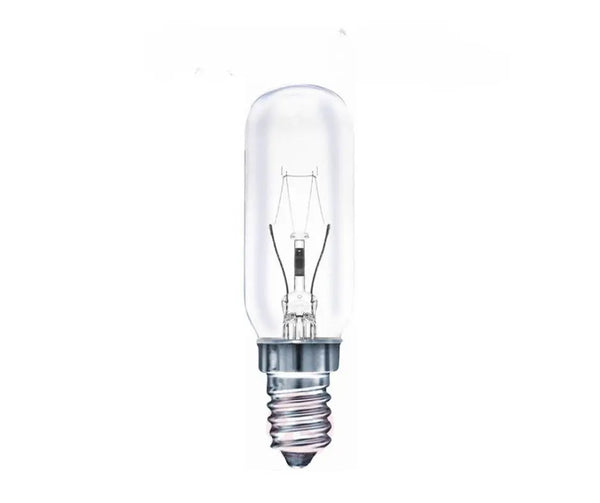 Ampoule tube E14 40 W à incandescence pour hotte, verre clair et filament visible, éteinte, sur fond blanc