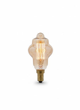 Ampoule Edison fantaisie E14 60 W Leo, verre ambré à lobes et filament cage, sur fond blanc