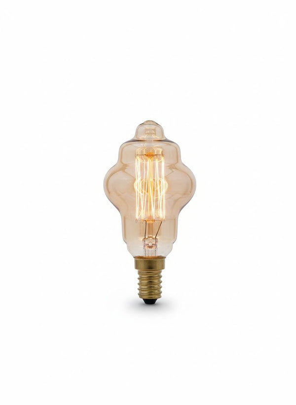 Ampoule Edison fantaisie E14 60 W Leo, verre ambré à lobes et filament cage, sur fond blanc