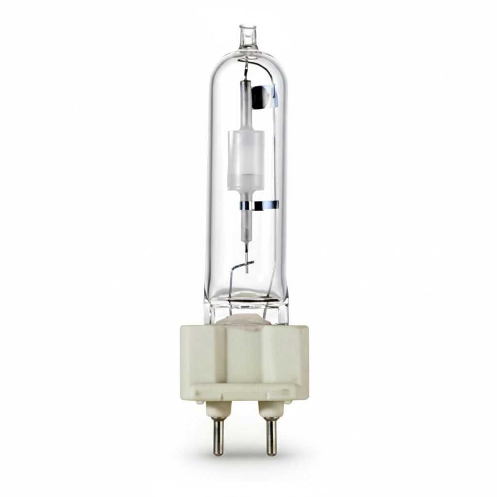 Lampe aux halogénures métalliques G12 70W, tube clair et brûleur céramique visible, sur fond blanc