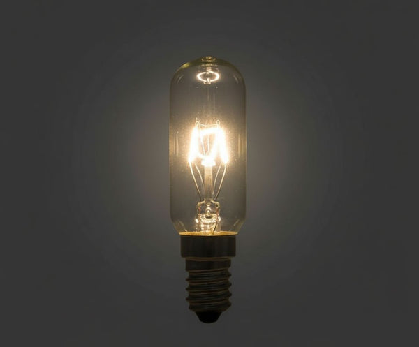 Ampoule tube E14 en verre clair allumée, filament incandescent lumineux, sur fond gris