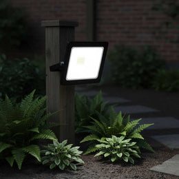 Projecteur LED noir allumé, fixé sur un poteau en bois au milieu de fougères dans un jardin, de nuit