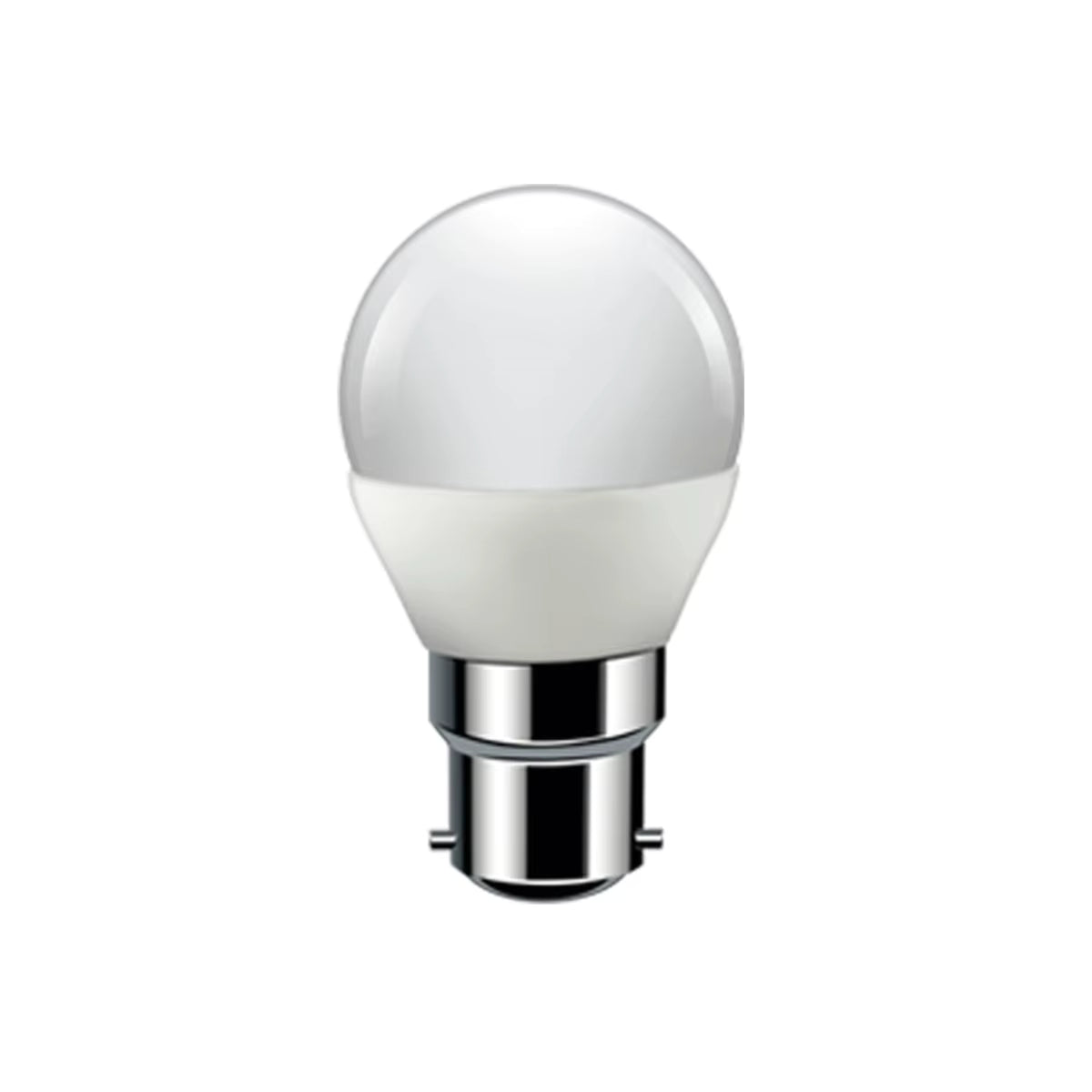 Ampoule LED G45 B22 en gros plan, globe opale blanc et culot à baïonnette chromé à ergots, sur fond blanc