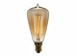 Ampoule Edison ST48 E14 60W en verre ambré à pointe, filament cage allumé, vue sur fond blanc