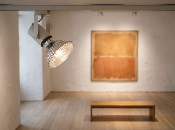Halogen-Reflektorlampe PAR30 E27 in einem weißen Schienenstrahler, der ein Bild in einer Galerie beleuchtet – Anwendungsbeispiel