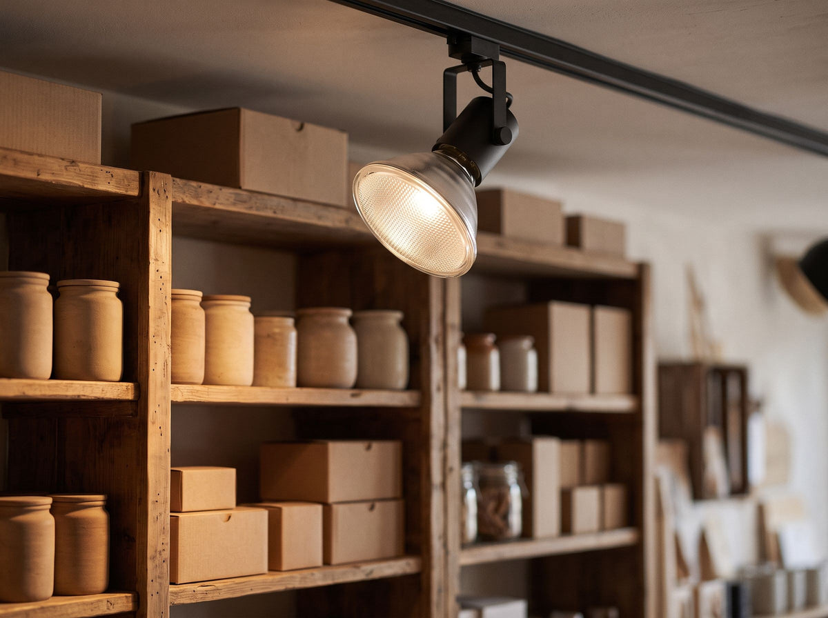 Halogen-Reflektorlampe PAR38 E27 in einem schwarzen Schienenstrahler, der die Holzregale eines Ladens beleuchtet – Anwendungsbeispiel