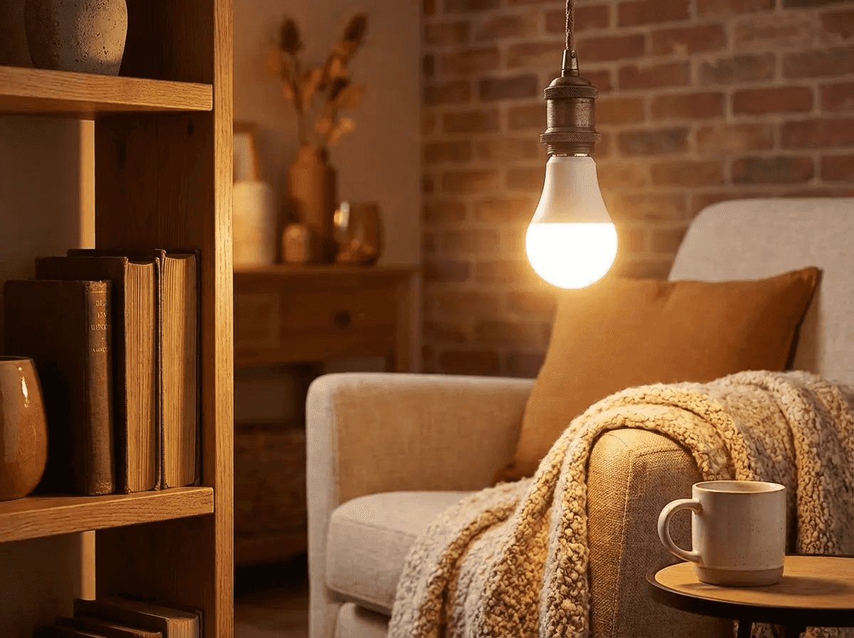 Ampoule LED E27 15W allumée en suspension sous une douille en laiton, près d'un fauteuil avec plaid et d'une bibliothèque