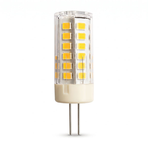 Capsule LED G4 à deux fines broches métalliques, LED visibles sous un capot transparent, sur fond blanc