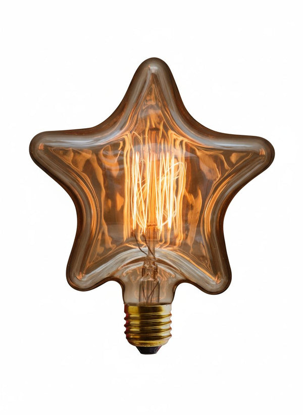 Ampoule étoile à filament en verre ambré, culot E27 en laiton, sur fond blanc