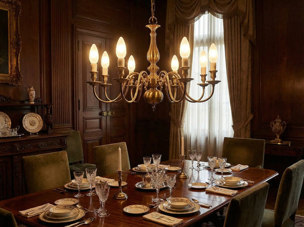 Ampoules flamme dépolies allumées sur un lustre en laiton, au-dessus d'une table dressée dans une salle à manger classique