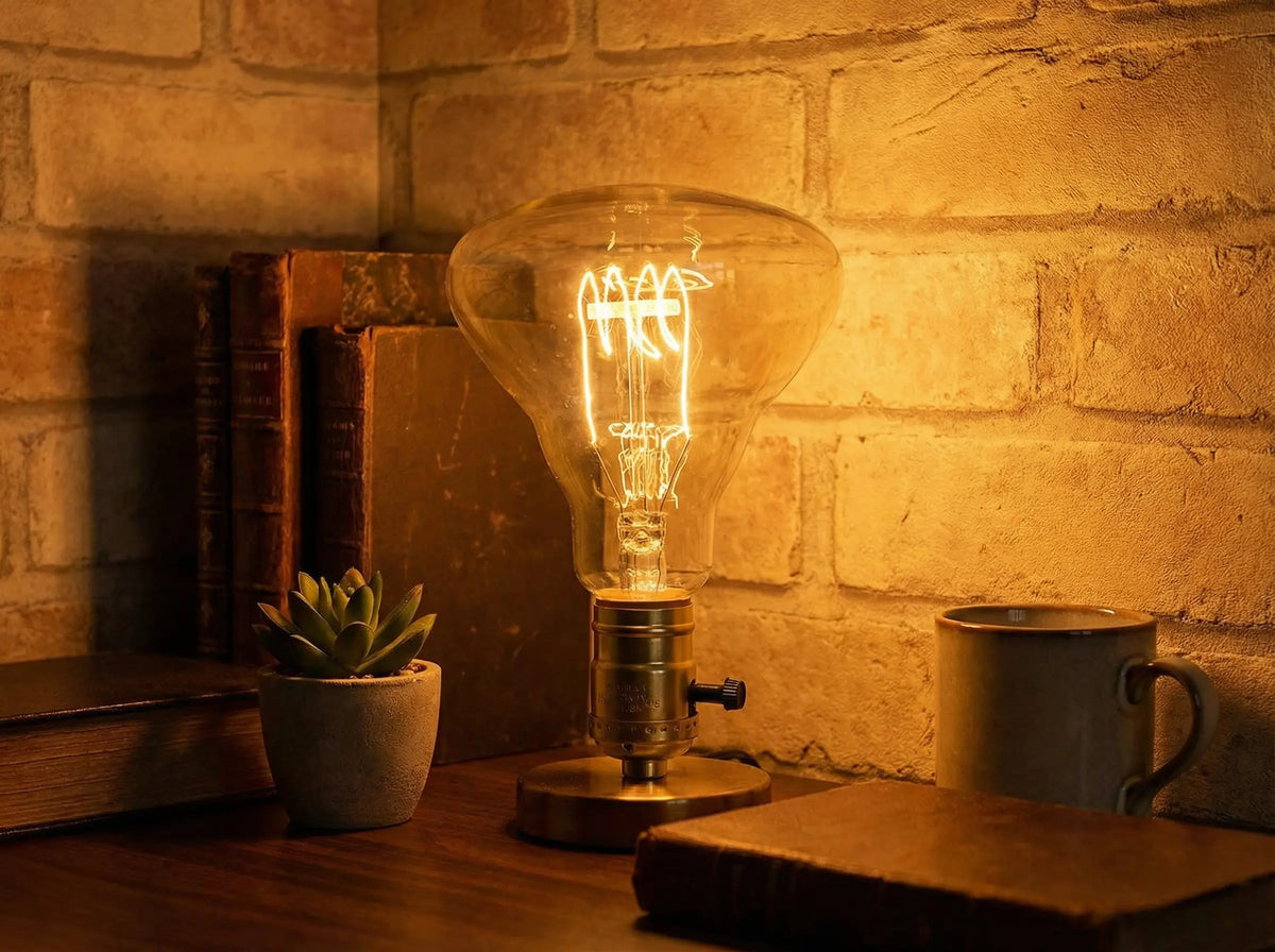 Ampoule Everett BR95 E27 60W allumée, filament Quad Loop, sur une lampe à poser en laiton devant un mur de briques