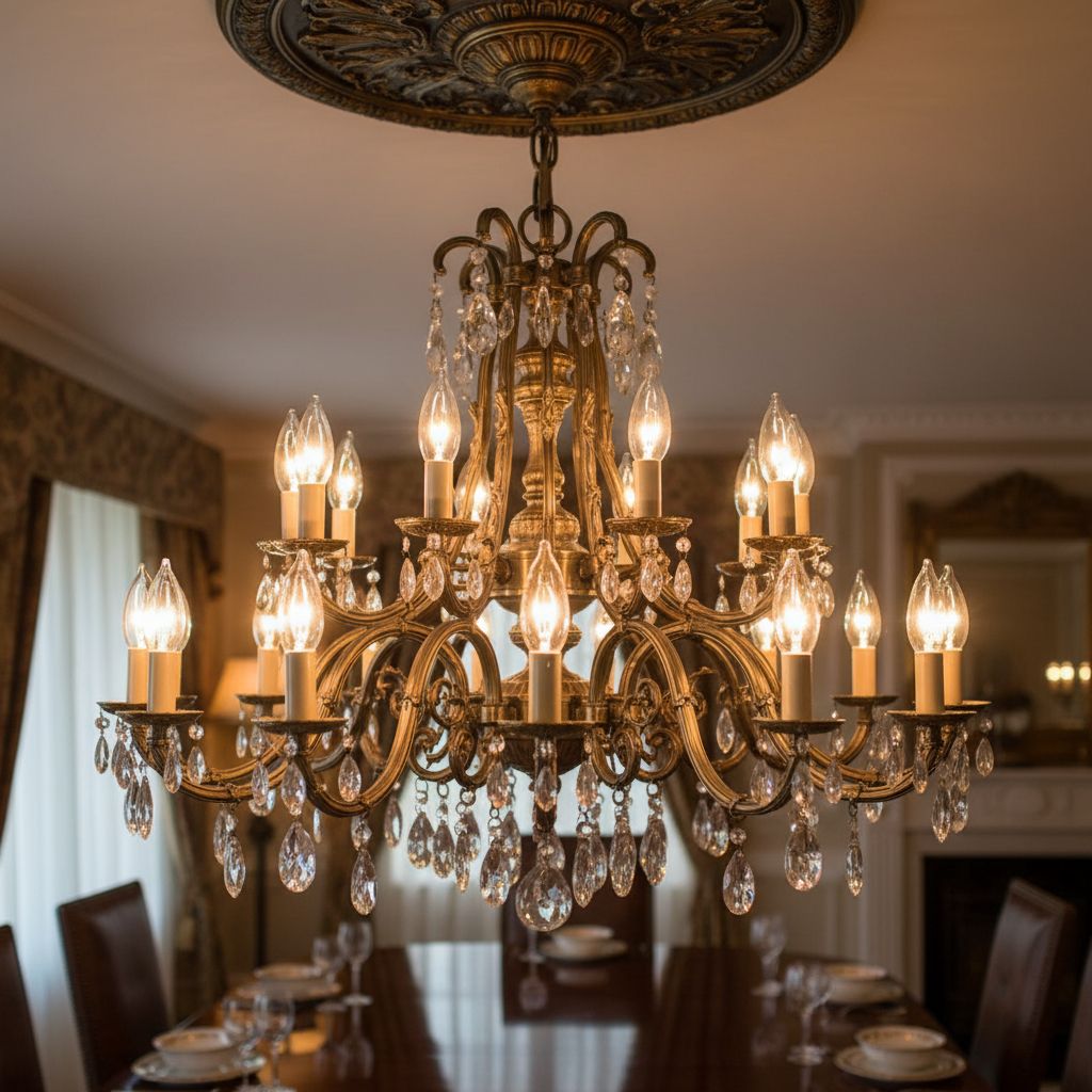 Lustre en laiton à pampilles de cristal garni d'ampoules flamme claires allumées, au-dessus d'une table dressée