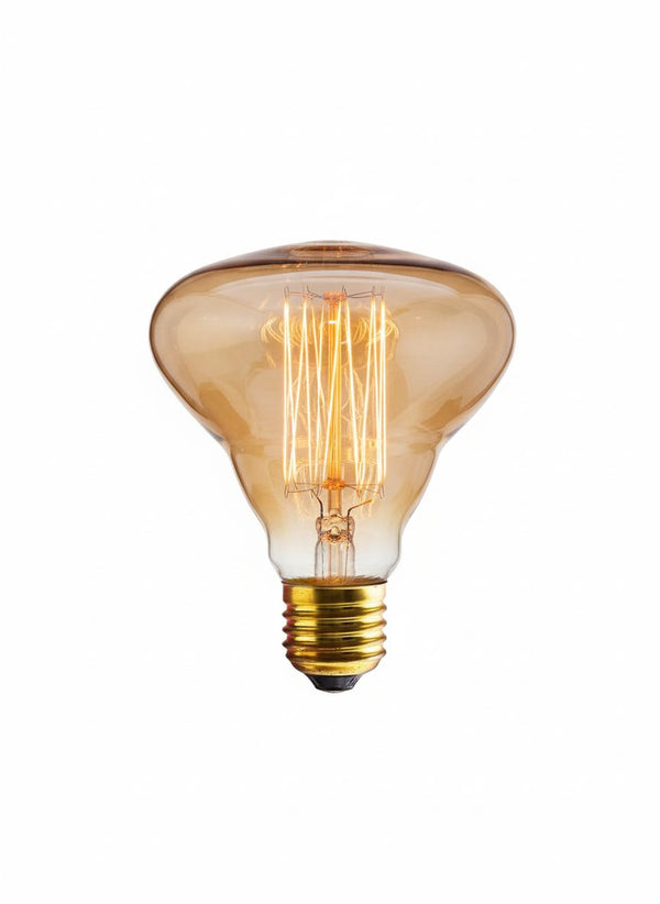 Ampoule à filament mushroom Bart E27 60 W, verre ambré évasé et filament cage, sur fond blanc
