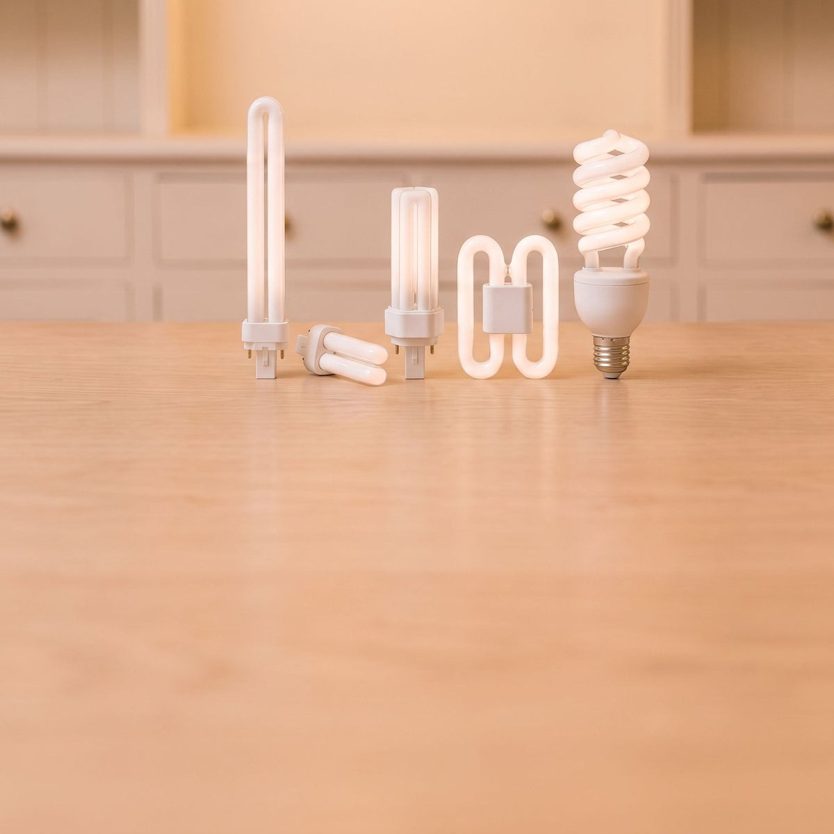 Lampes fluocompactes à broches, lampe plate et grande spirale à culot vis sur un comptoir en bois clair
