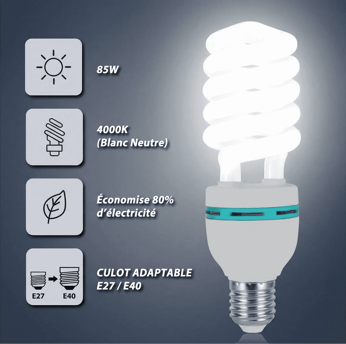 Ampoule fluocompacte CFL 85W E27 E40 4000K éclairage puissant blanc neutre pour hangars, ateliers et espaces industriels