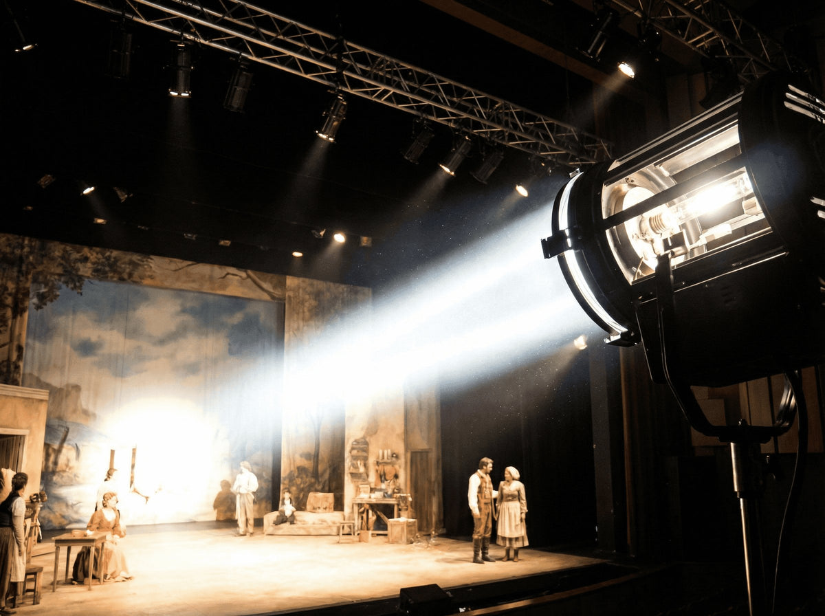 Projecteur de scène allumé éclairant un plateau de théâtre, comédiens en costume devant un décor peint
