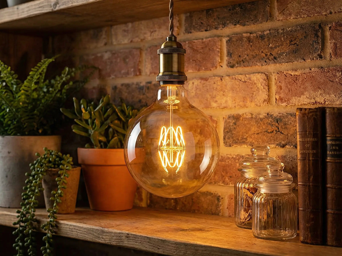 Ampoule globe à filament allumée, suspendue à une douille laiton devant un mur de briques et une étagère en bois