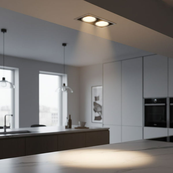 Double spot encastré au plafond d'une cuisine moderne, éclairant un plan de travail en marbre d'une lumière chaude