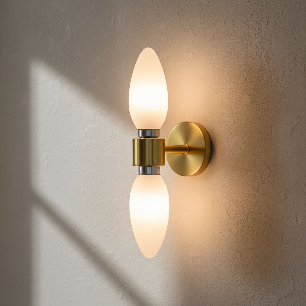 Applique murale double en laiton avec deux ampoules flamme dépolies allumées, sur un mur crépi