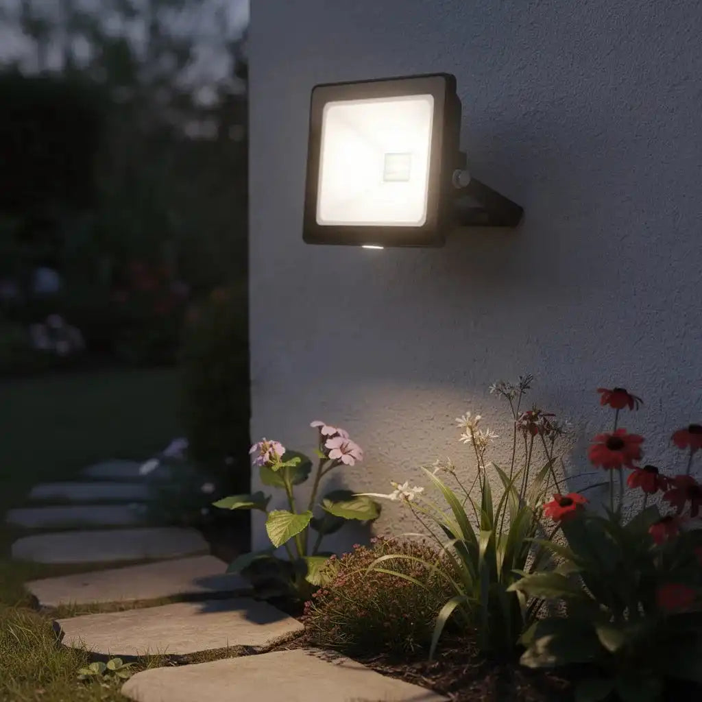 Projecteur LED noir allumé, fixé sur un mur extérieur au-dessus d'un massif de fleurs et d'une allée en pas japonais