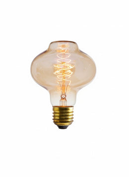 Ampoule vintage Wayne E27 60W en forme de lanterne, verre ambré et filament spiralé allumé, sur fond blanc