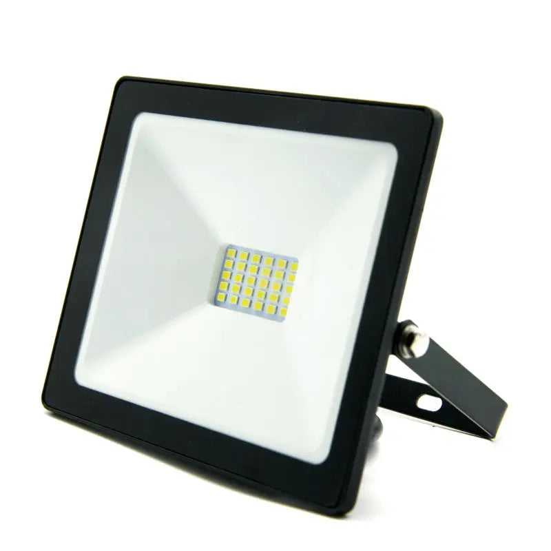 Projecteur LED 20W IP65 à boîtier noir et réflecteur blanc, module LED moyen, avec étrier, sur fond blanc