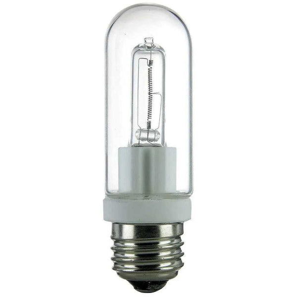 Ampoule halogène JDD E27 150W à verre clair, capsule halogène visible dans le tube, sur fond blanc