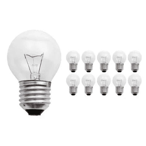 Lot de 10 ampoules sphériques E27 à incandescence en verre clair, filament visible, sur fond blanc