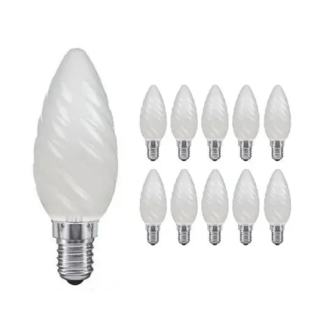 Lot de 10 ampoules flamme torsadées E14 en verre dépoli, éteintes, une au premier plan sur fond blanc