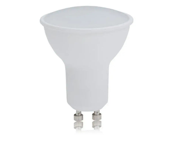Spot LED GU10 6W à corps blanc et diffuseur opale, deux broches visibles, sur fond blanc