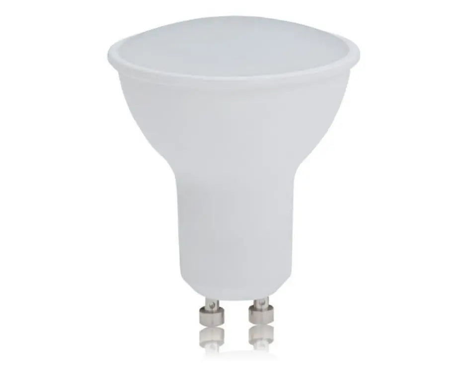 Spot LED GU10 6W à corps blanc et diffuseur opale, deux broches visibles, sur fond blanc