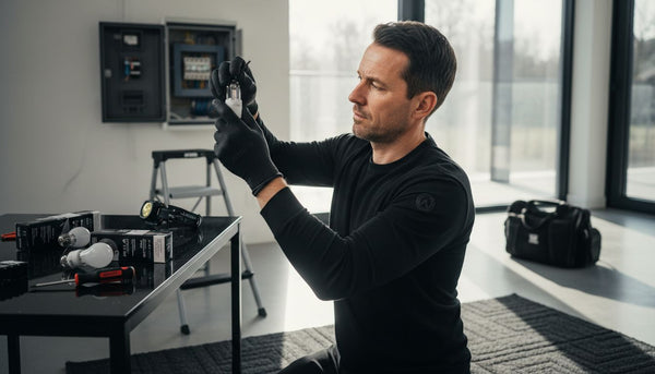 Homme préparant espace pour installation ampoule halogène