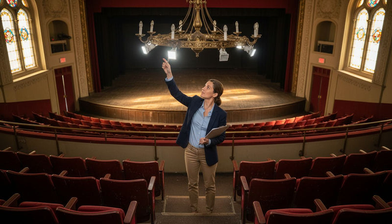 Facilities manager adjusting eco lighting in historic theater