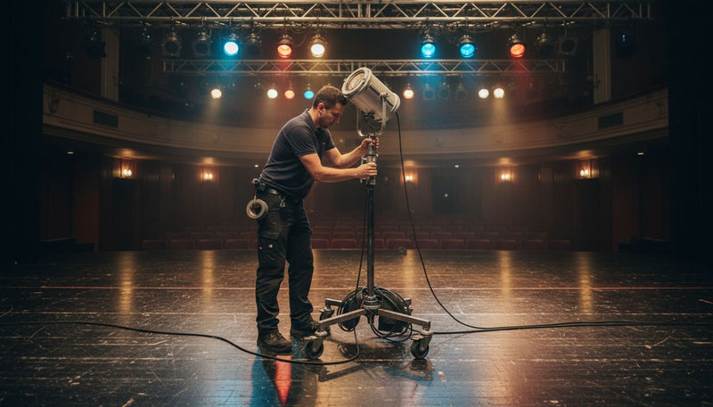 Technician setting up stage lighting before show
