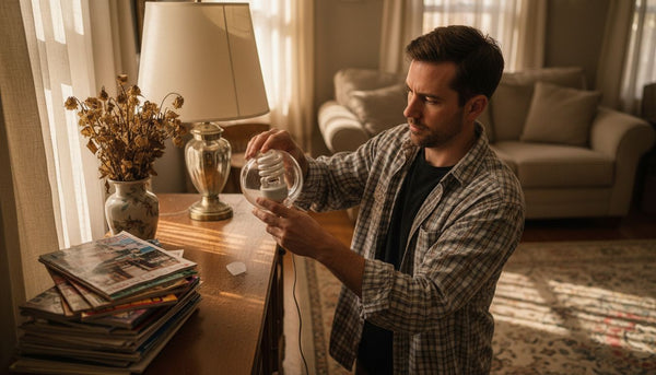 Man switching bulb in a lived-in living room