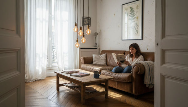 Un salon cosy baigné par la lumière douce de suspensions rétro