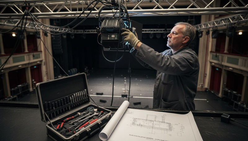 Un technicien règle un projecteur sur la scène d’un théâtre.