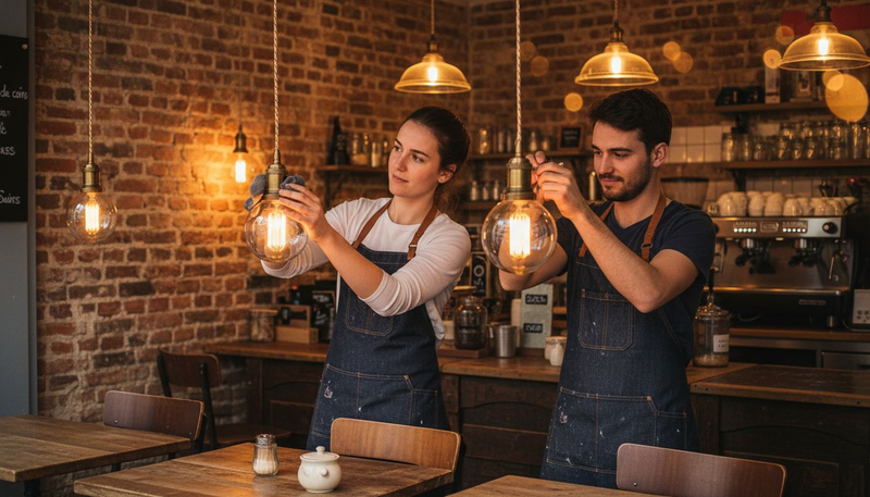 Dans le café, les baristas s’affairent à installer des luminaires rétro pour créer une ambiance chaleureuse.