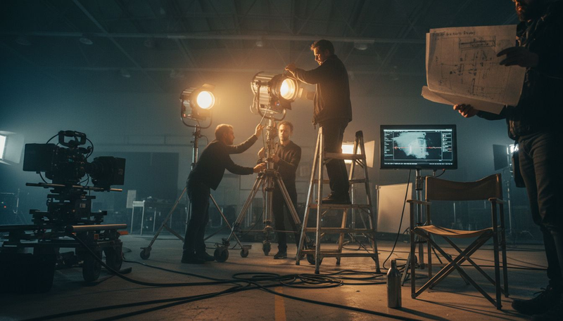 Le chef opérateur ajuste les lumières sur le plateau lors du tournage.