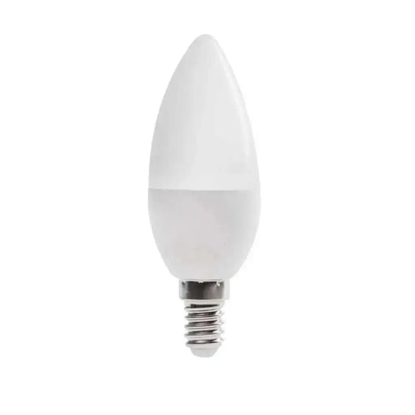 Ampoule flamme LED C35 7W à verre opale et culot E14, éteinte, sur fond blanc