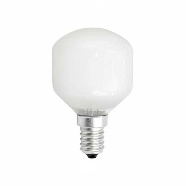 Ampoule incandescente T45 40W en verre opale, culot E14, éteinte, sur fond blanc