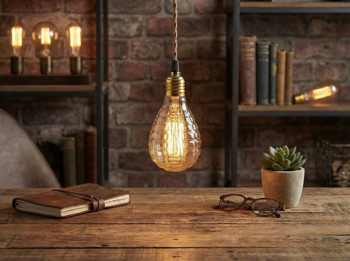 Ampoule Waffle à verre gaufré allumée, suspendue au-dessus d'une table en bois devant un mur de briques
