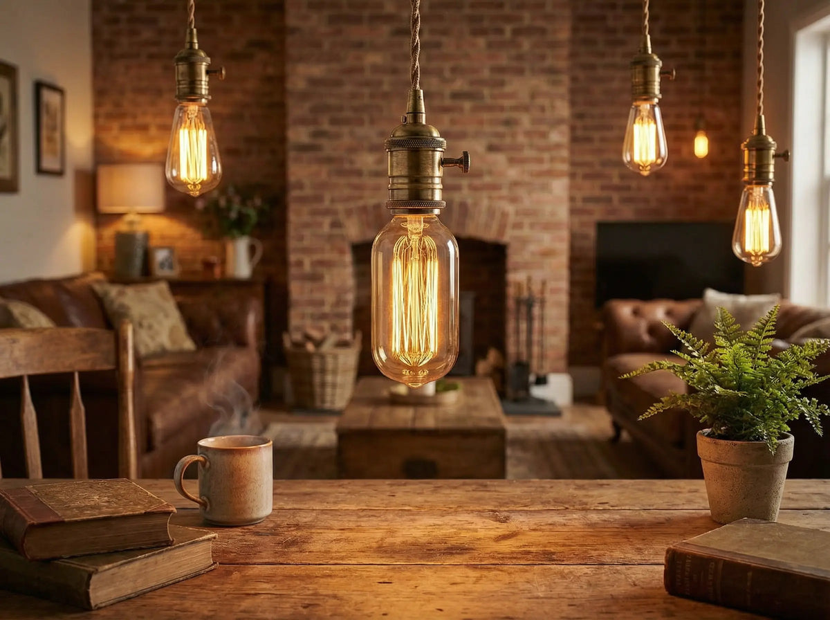 Ampoules tube T45 à filament cage allumées, suspendues au-dessus d'une table en bois dans un salon à mur de briques