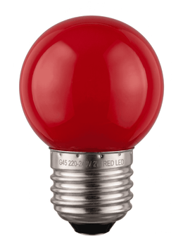 Ampoule LED sphérique G45 rouge à culot E27, globe opaque, vue de près sur fond blanc