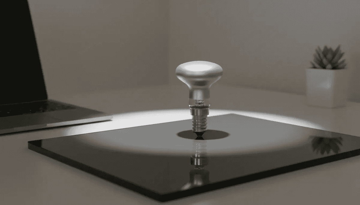 Ampoule réflecteur R39 posée debout sur une plaque de verre noir, au centre d'un halo de lumière sur un bureau